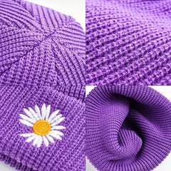 Daisy Embroidery Beanie Solid Skull Cap Lightweight Elastic Warm Knit Hat