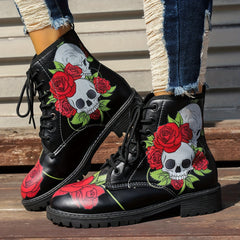 Skull & Rose Print Equestrian Boots Comfortable Medium Top Outdoor Boots