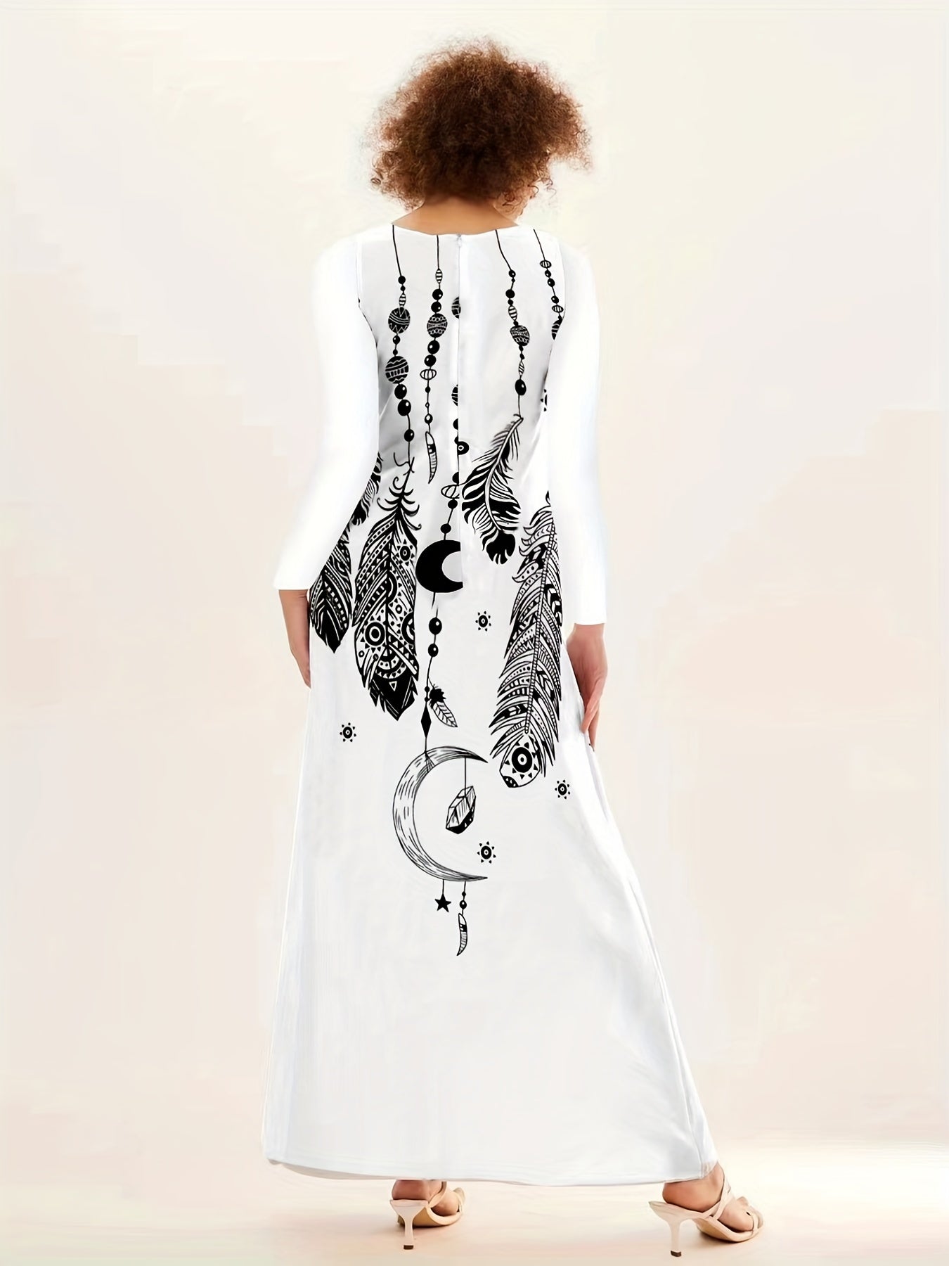 Feather Print V Neck Long Dress for Women
