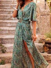 Boho V Neck Split Dress Short Sleeve