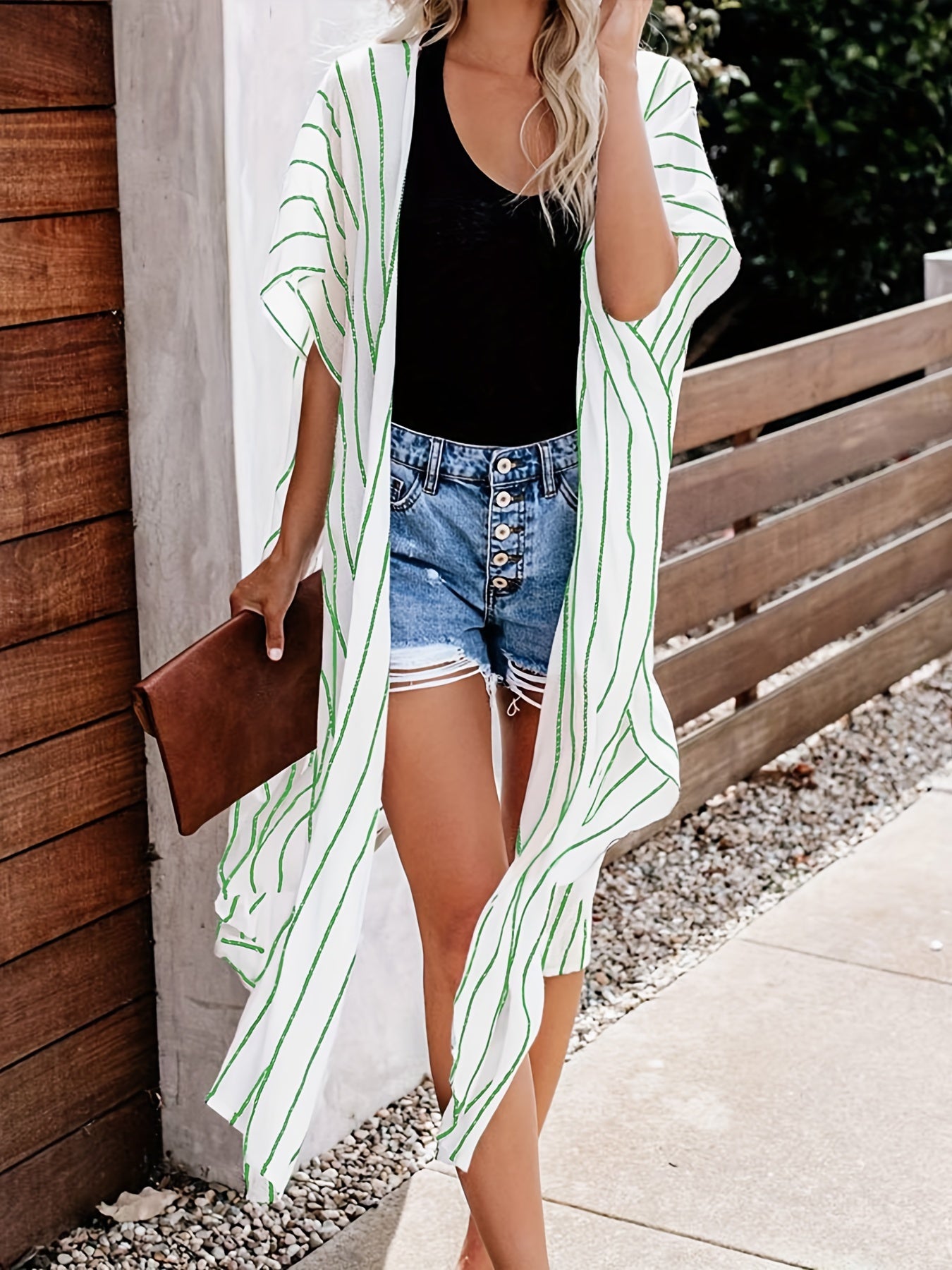 Stripes Print Chiffon Cardigan Cover Up Soft 3 4 Sleeve