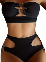 Ring Linked Bandeau Bikini Set Solid Two Piece Swimsuit