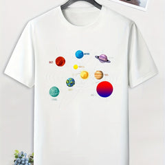 Men's Cartoon Planet Print T-shirt Active Breathable Tee