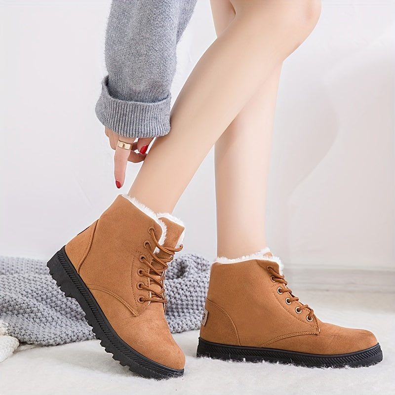 Faux Fur Ankle Boots Round Toe Lace Up Warm Winter Booties