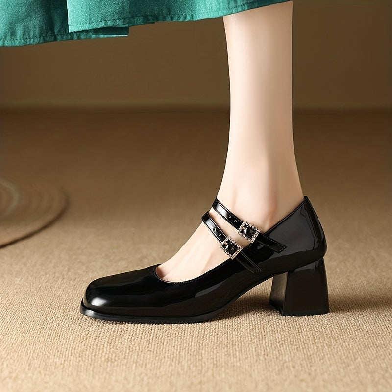 Chunky Heeled Mary Jane Square Toe Double Buckle Strap Mid Heels Patent Leather