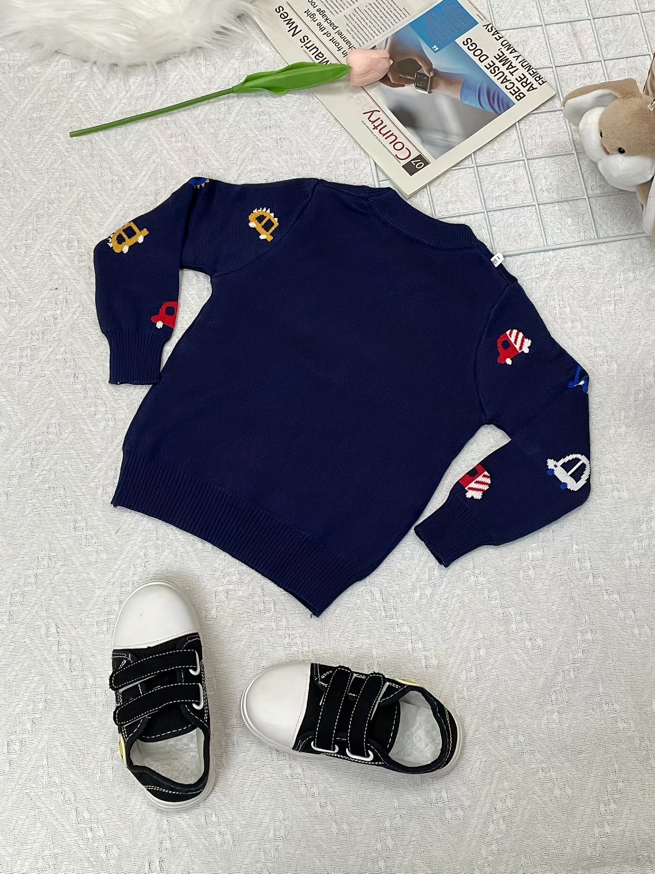 Kids Knit Sweater Cartoon Cars Graphic Print Pullover Sweater Tops