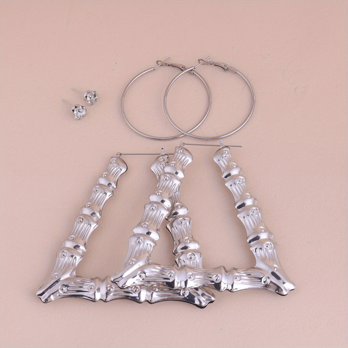 Exaggerated Golden & Silver Bamboo Earrings Set