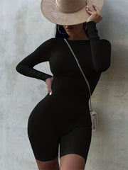 Solid Slim Romper Jumpsuit Long Sleeve Crew Neck Women's Clothing