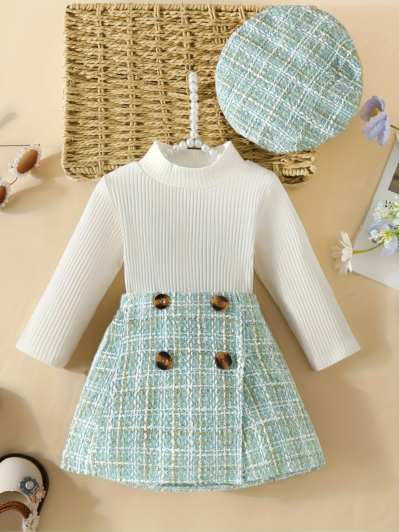 3pcs Toddler Girls Long Sleeve Top & Plaid Skirt & Hat Set