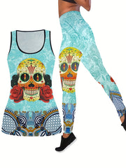 Halloween Casual Outfits 2 Piece Set Skull & Floral Tank Top Leggings