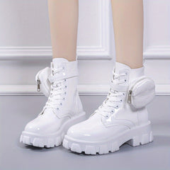 Women's Platform Combat Boots Patent Leather Short Boots Anti Skid Shoes