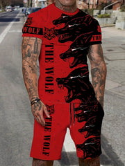 Men's Wolf Print T-shirt & Shorts Set for Outdoor