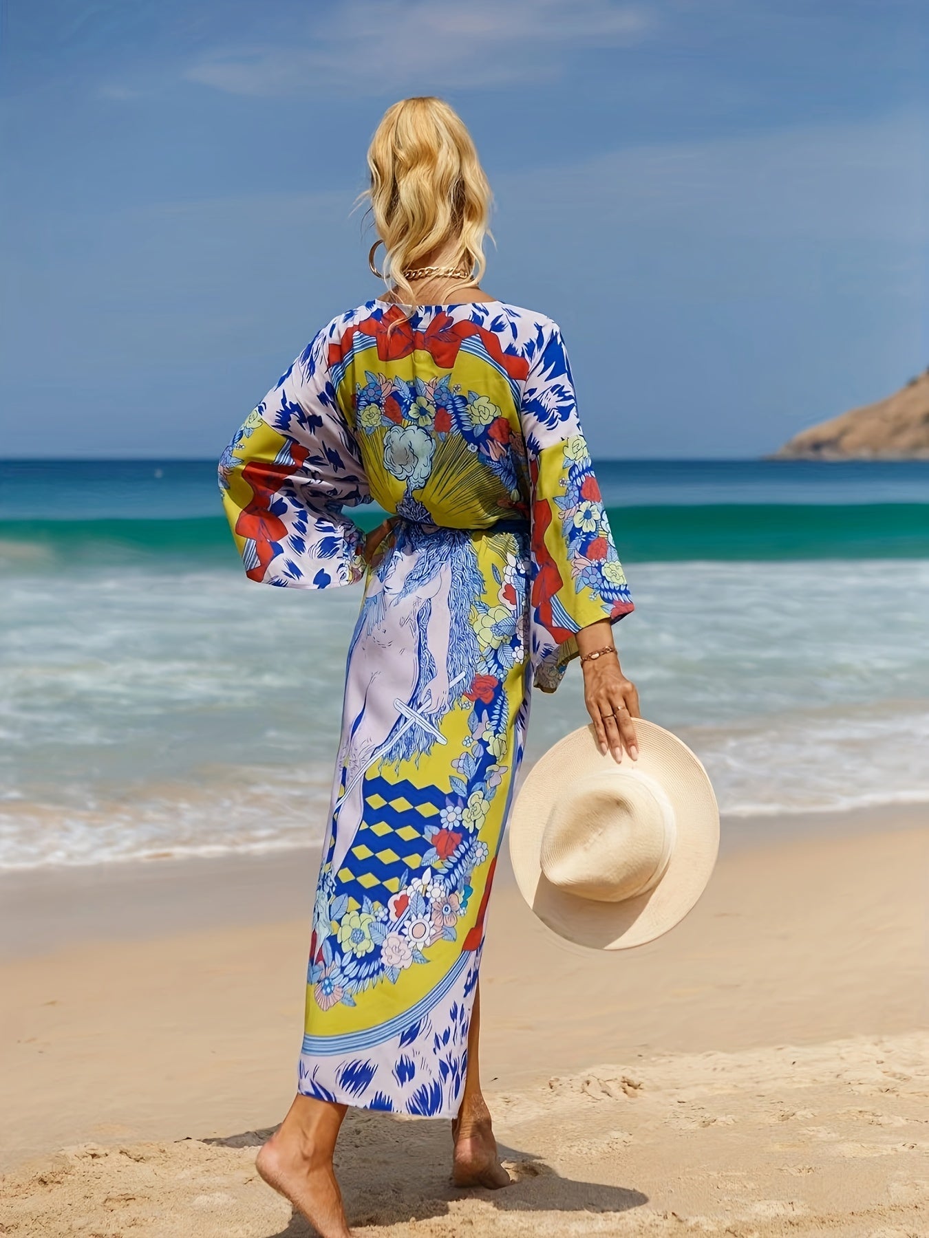 Plus Size Boho Kimono Women's Plus Painting Print V Neck Batwing Sleeve