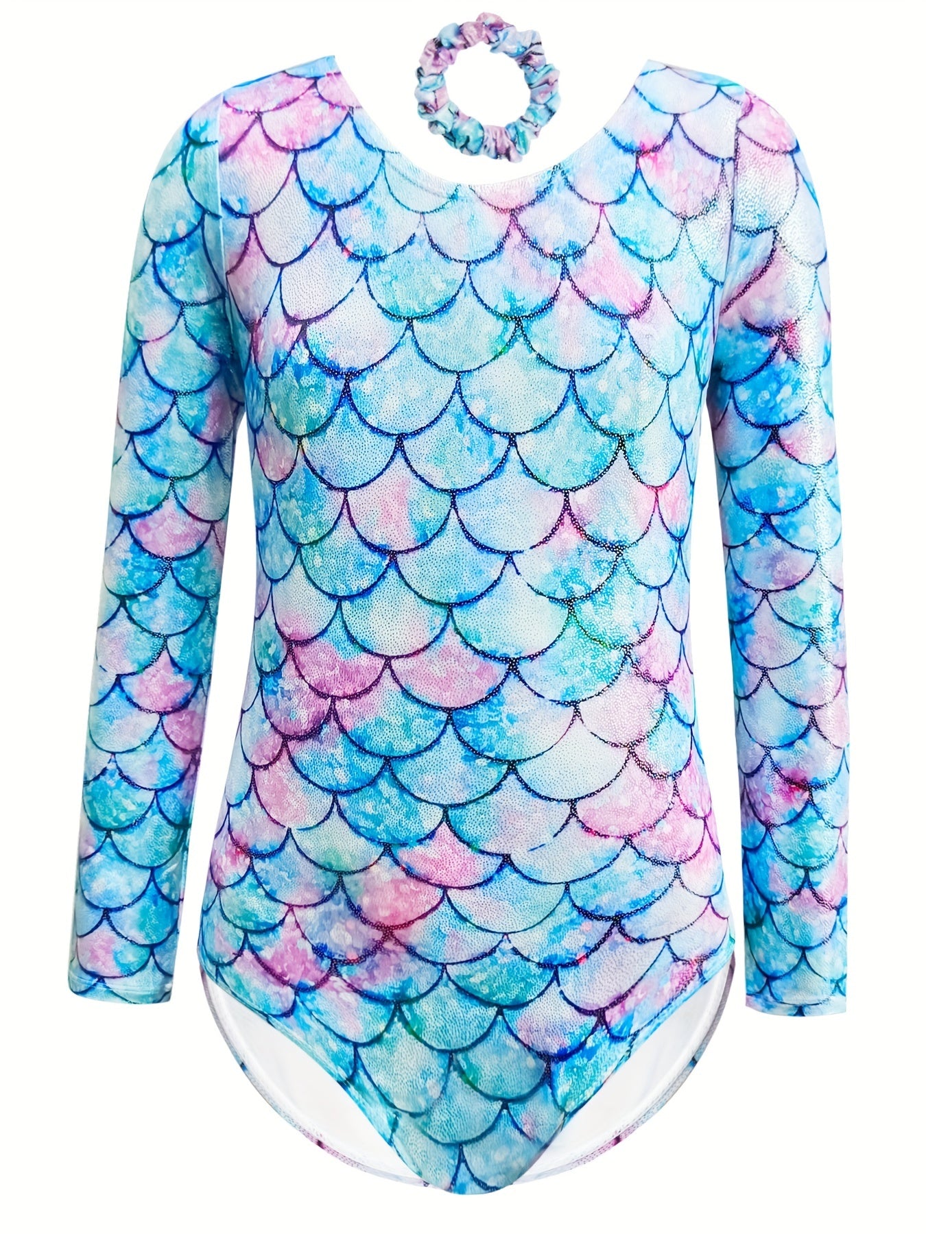 Girls Fish Scale Print Long Sleeve Gymnastic Romper