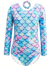 Girls Fish Scale Print Long Sleeve Gymnastic Romper