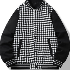 Checkerboard Pattern Varsity Jacket Men's Casual Baseball Collar Button Up Jacke