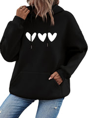 Heart Print Kangaroo Pocket Hoodie Long Sleeve Drawstring Hoodie