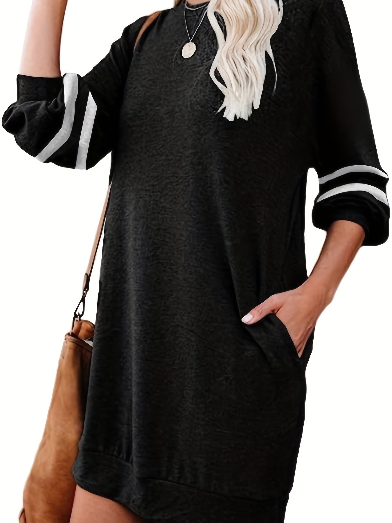 Striped Loose Sweatshirt Dress Crew Neck Long Sleeve Pockets