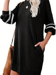 Striped Loose Sweatshirt Dress Crew Neck Long Sleeve Pockets