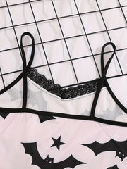 Bat Print Pajama Set Lace Trim Cami Top & Shorts Sleepwear