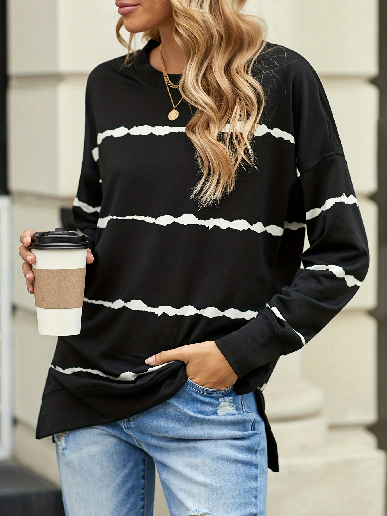 Striped Dropped Shoulder Crew Neck Sweatshirt Loose Long Sleeve Pullover