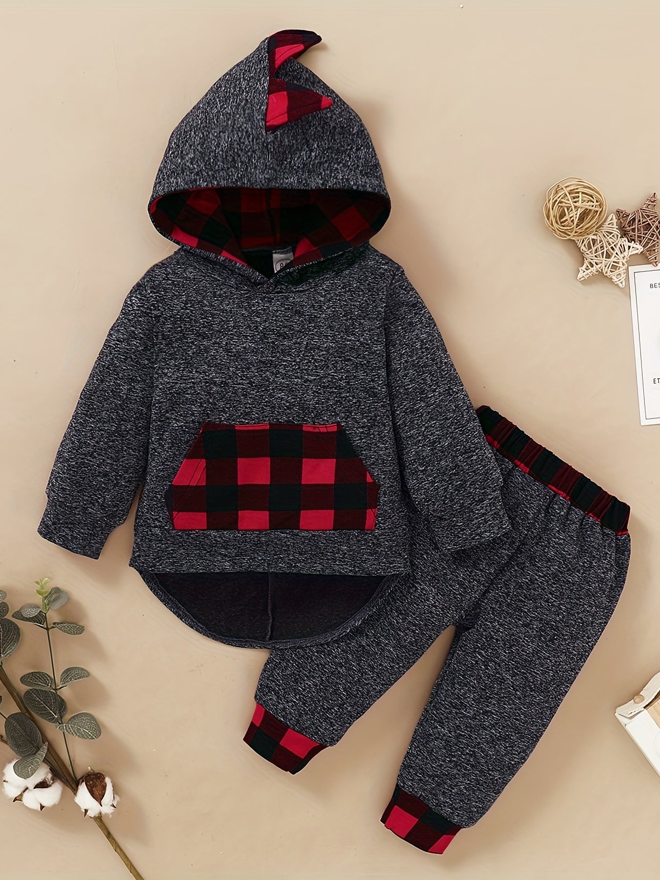 Toddler Boy's Plaid Hoodie & Sweatpants Set for Spring Fall