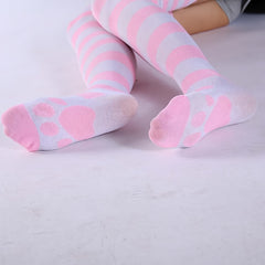 Cat Paw Pattern Thigh High Socks Wide Strip Over The Knee Stockings