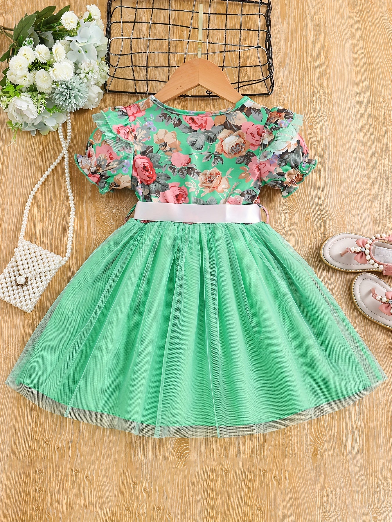 Toddler Girls Floral Princess Dress with Ruffle Trim and Belt