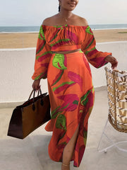 Women's Floral Print Off Shoulder Crop Top & Maxi Skirt Set
