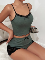 Waffle Pajama Set Lace Trim Crew Neck Cami & Shorts Women's Loungewear