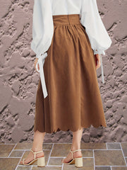 Pleated Scallop Trim Midi Skirt Vintage High Waist Skirt