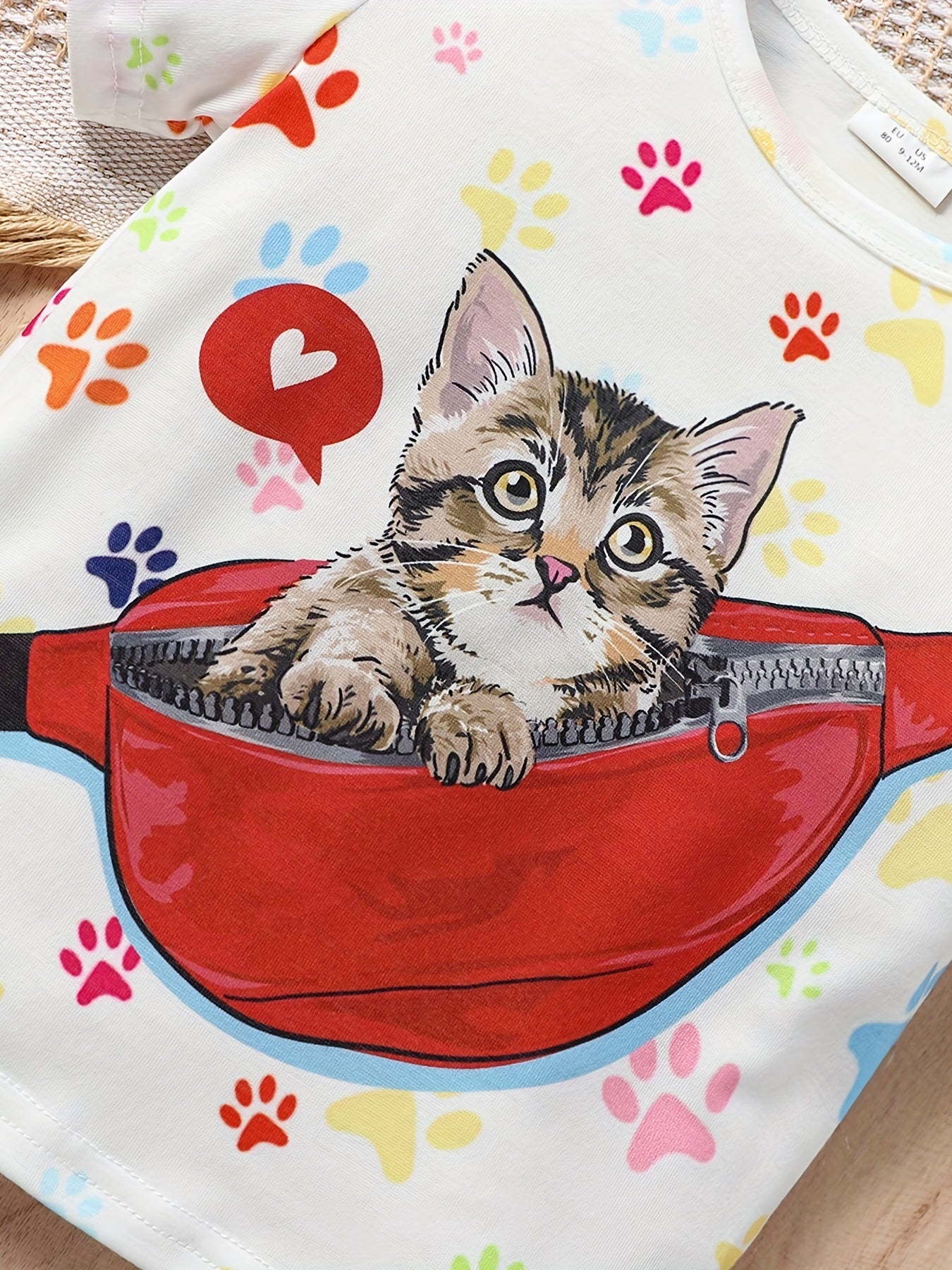 Baby Girls Cat Paw & Crossbody Bag Print T-shirt Top