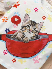 Baby Girls Cat Paw & Crossbody Bag Print T-shirt Top