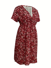 Ditsy Print Short Sleeve Surplice Neck Midi Dress