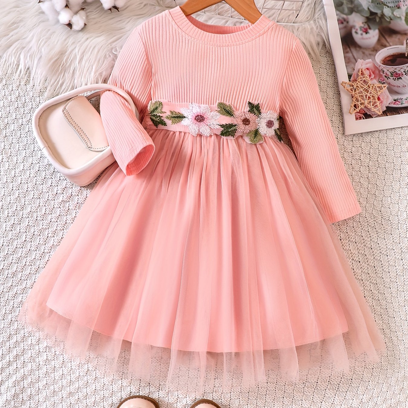 Girls Flowers Embroidered Belt Mesh Tutu Dress