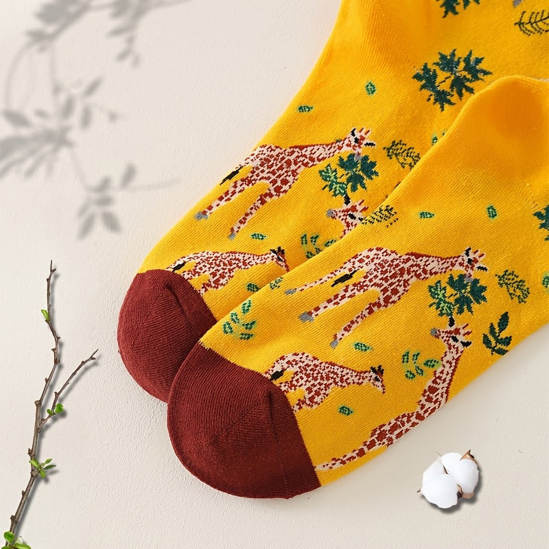Colorblock Giraffe & Leaf Print Socks for Women