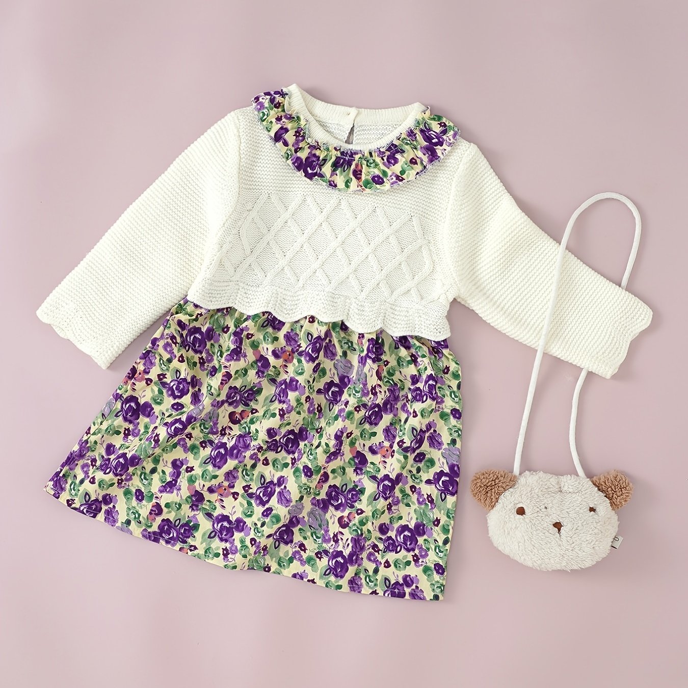 Baby Dress Girls Holiday Style Knit Floral Print Long Sleeve Dress