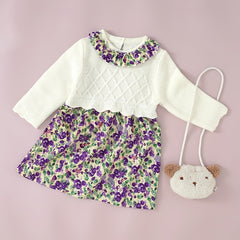 Baby Dress Girls Holiday Style Knit Floral Print Long Sleeve Dress