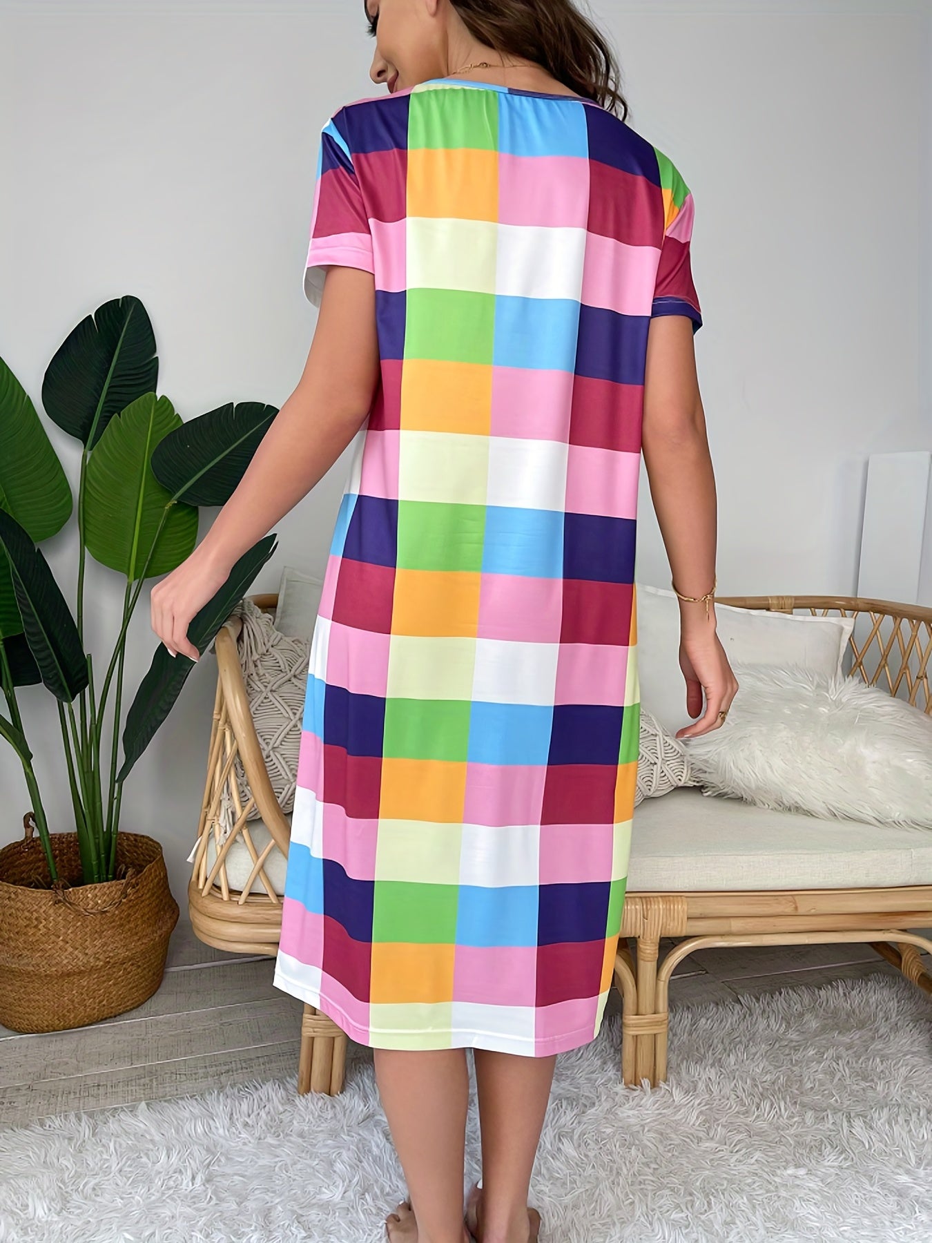 Rainbow Plaid Pajama Dress Comfy Nightwear