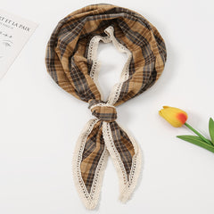 Plaid Triangle Scarf Floral Edge Versatile Fashionable Scarf Neckerchief