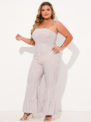 Striped Tie Shoulder Flared Leg Jumpsuit