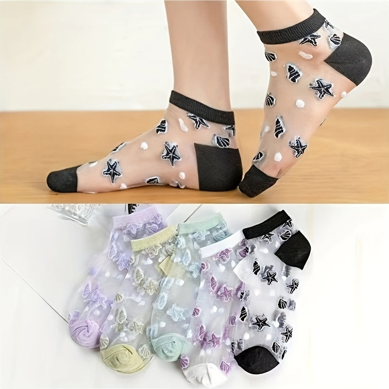 5 Pairs Starfish Pattern Socks & Lightweight Mesh Short Socks Women's Stockings