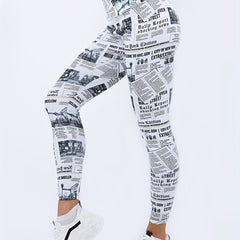 Newspaper Pattern Fitness Gym Leggings High Waist Yoga Workout Running Pants