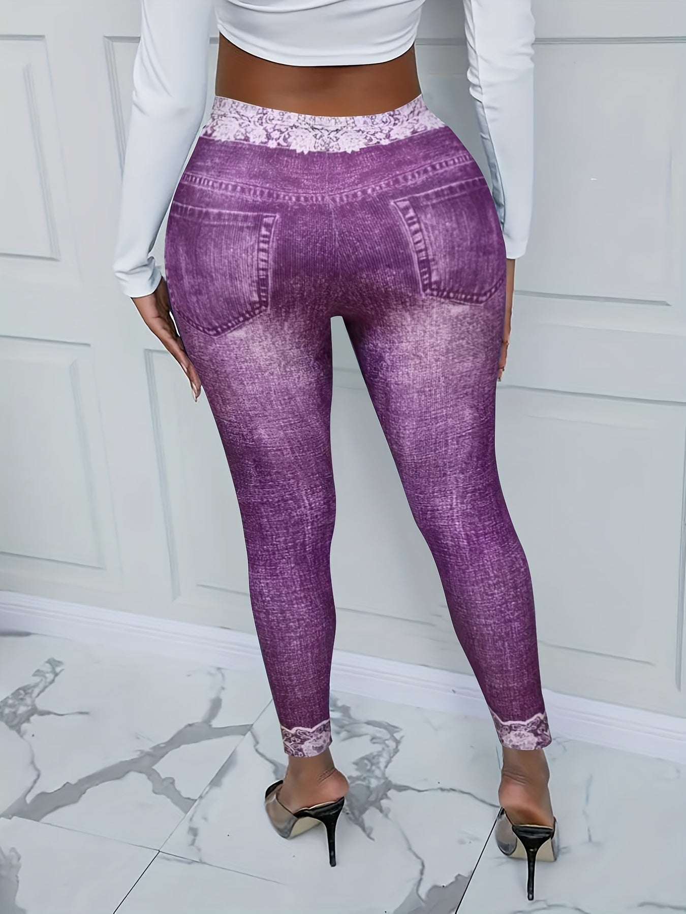 Denim & Floral Print Stretchy Leggings
