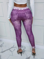 Denim & Floral Print Stretchy Leggings