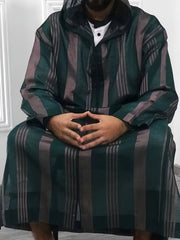 Islamic Arabic Hooded Kaftan Men Long Sleeve Vertical Striped V Neck