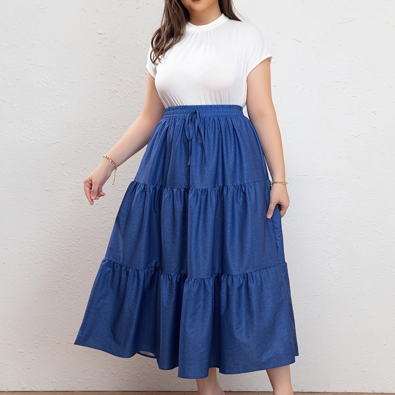 Women's Denim Print Drawstring Smock Skirt