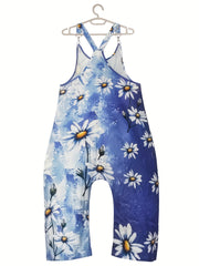 Casual Jumpsuit Women's Plus Floral Print Round Neck Wide Leg Tank Jum