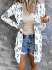 Tree & Bear Print Long Cardigan