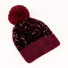 Sequin Knitted Hat Plush Fur Ball